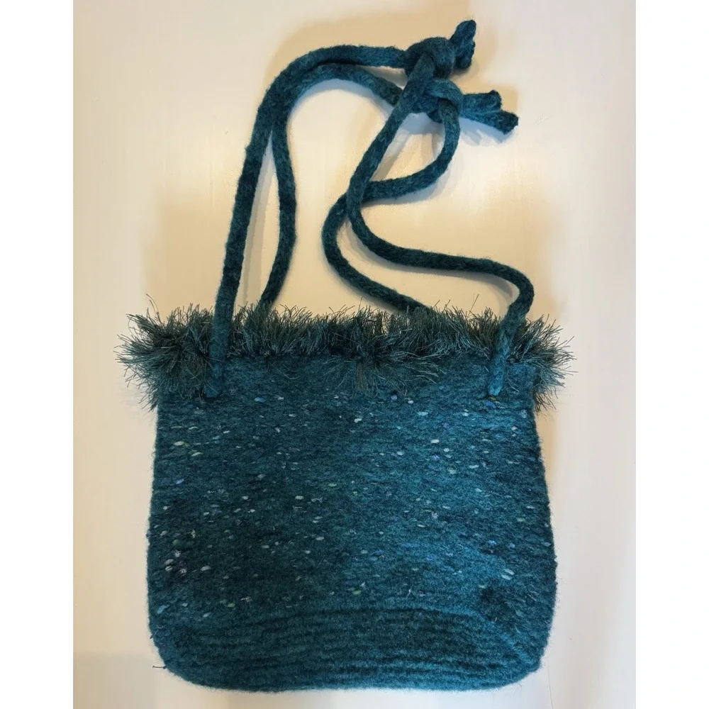Hand Felted Teal Wool Blend Tote Bag Boho Fairy Grunge Artisan Handmade